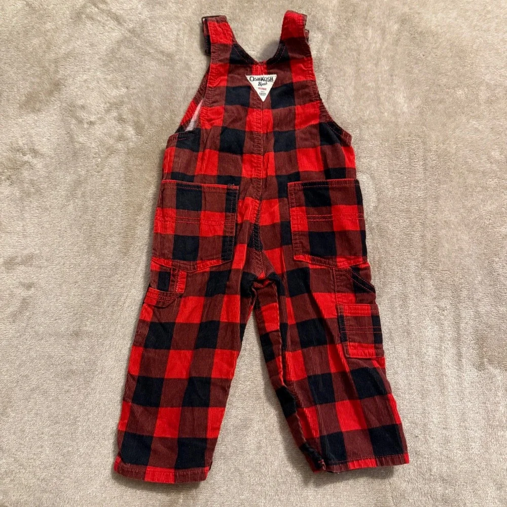 OshKosh Bgosh Baby Boys Red Black Buffalo Plaid Corduroy Overalls 12 Months